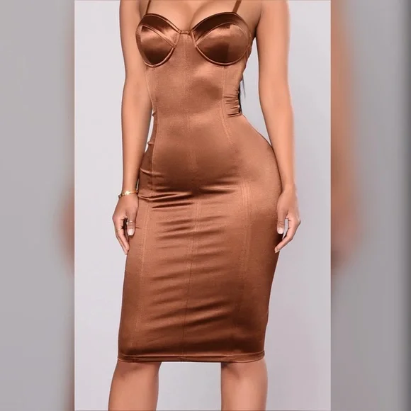 brown fitted satin dress MAEZ SEQUIN DRESS IN BROWN | CULT MIA main image 0